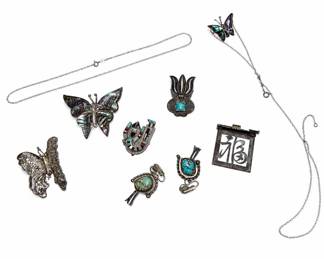 Lot #1 Sterling Silver Jewelry Lot Butterfly Brooches Turquoise Native American Pendants 9pc
