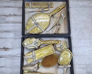 Lot #92 Antique Art Deco Celluloid Pearlescent Vanity Set 10pc Mirror Brush Comb Case