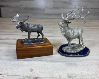 Lot #140 Pewter Bull Moose & Elk Figurines Wildlife Sculptures Wood Agate Base Set 2