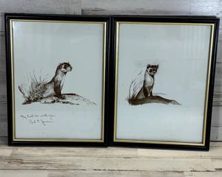 Lot #99 Carl E. Jensen Signed 1991 Black-Footed Ferret Ink Wash Paintings Framed Pair