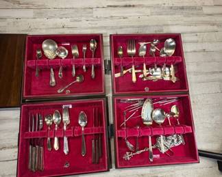 Lot #58 1847 Rogers Bros Silver Plate Flatware Lot 60+ Pcs Serving Pieces Wood Cases