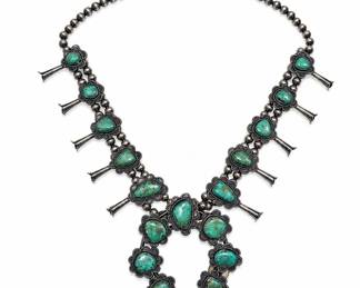 Lot #8 Native American Navajo Sterling Silver Turquoise Squash Blossom Necklace c1970