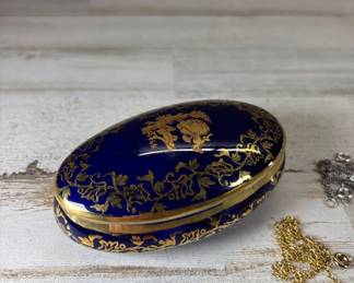 Lot #115 Limoges France Cobalt Gold Oval Hinged Porcelain Box + Geisha Enamel Pendant Lot