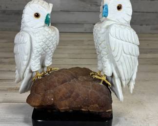 Lot #124 Carved Bone Owl Pair Sculpture Turquoise Malachite Inlay Gold Tone Claws Stone Base