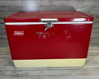 Lot #82 Vintage Coleman Steel Belted Cooler Red Cream Metal Ice Chest 1970s Camping