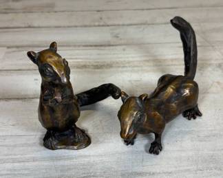 Lot #119 Pair Signed Bronze Wildlife Figurines Squirrel & Weasel/Stoat Sculpture Stamped