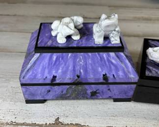 Lot #104 Charoite Stone Inlay Jewelry Boxes 2pc Set Howlite Carved Elephant & Frog Figurines