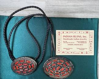 Lot #108 Native American Sterling Silver Red Coral Cluster Bolo Tie & Belt Buckle Set
