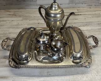 Lot #81 Silver on Copper Tea Coffee Service Coffeepot Sugar Creamer Tray 7-Piece Victorian