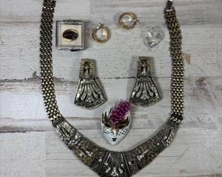Lot #100 Vintage Costume Jewelry Lot Art Deco Rhinestone Necklace Earrings Bracelet 7pc
