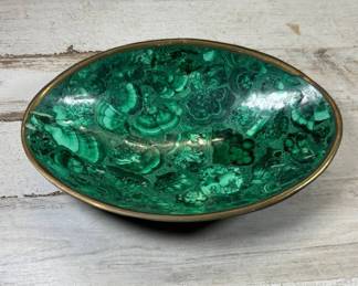 Lot #106 Vintage Malachite Stone Mosaic Oval Bowl Brass Rim Green Mineral Dish Catchall