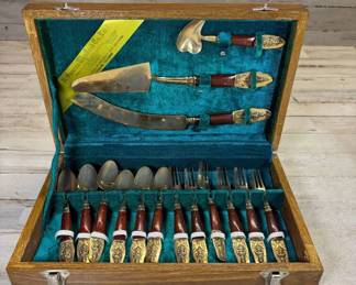 Lot #71 S. Sawan Thailand Brass Flatware Set Rosewood Handles Repousse 20pc Cased