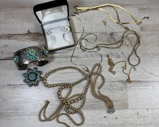 Lot #111 Vintage Costume Jewelry Lot Faux Pearl Necklaces Turquoise Cuff Brooch Earrings