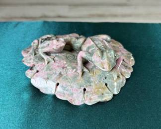 Lot #105 Rhodonite Hand Carved Dual Frog Lily Pad Stone Sculpture Pink Crystal Figurine