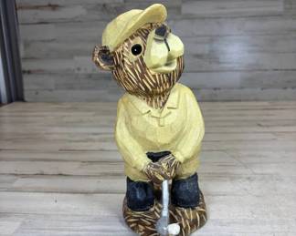 Lot #56 Ocean Bridge Wood Bear Golfer Figurine Faux Wood Carved Golf Club ~10" CB Logo