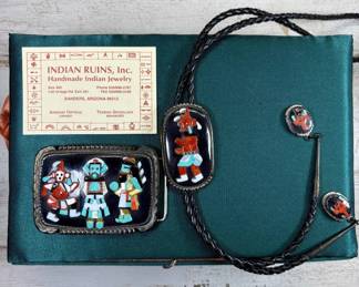 Lot #103 Bev. Etsate Zuni Kachina Mosaic Inlay Belt Buckle Bolo Tie Earrings Set Indian Ruins