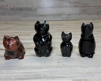 Lot #141 Hand Carved Black Obsidian & Mahogany Obsidian Cat Figurines Set of 4