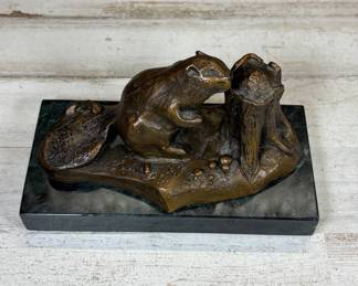 Lot #121 Signed C. Chris Puncher Bronze Beaver & Tree Stump Sculpture Green Marble Base