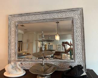 Large well framed wall mirror over buffet is 3 x 4‘ can be hung vertical or horizontal