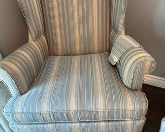 Striped wing back chair, one of two