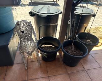 Christmas yard Dog, cans, planters, storage bins