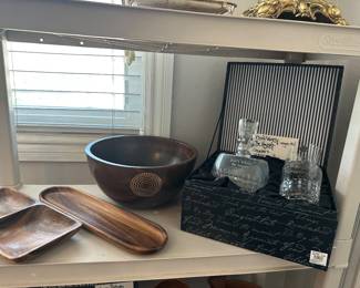 Don’t worry, be happy, etched, decanter, and glasses set in box with monkey pod accessories