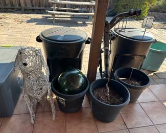 Garbage cans, planters, huge, green glass globe float, Christmas dog for yard