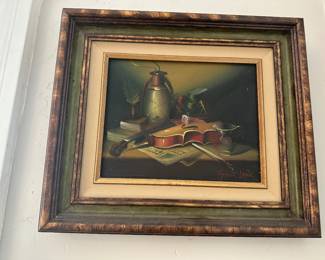Still life oil, oil painting with violin, lantern, etc. nicely done