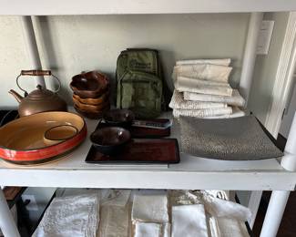 Pillowcases, trout bag “brand new“, copper, tea, kettle, chip and dip server, monkey, pod bowls, pair sushi serving set
