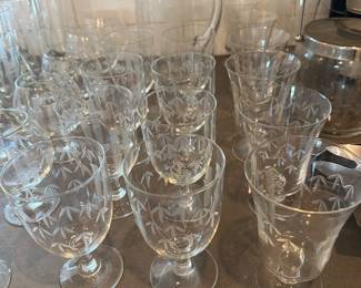 Detail of glassware set in edged bamboo pattern