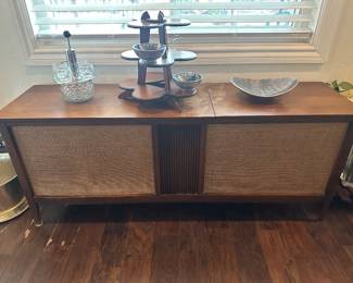 Mid Century Modern stereo console cabinet top surface needs TLC is 16 inches deep by 59 inches wide and 2 feet high