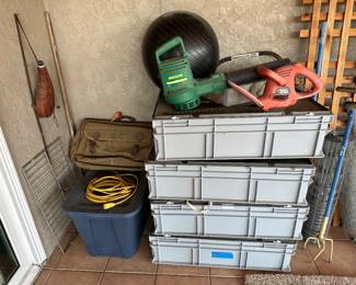  Weedeater blower Black & Decker chainsaw clean room boxes measure 23 x 31 each, canvas, military bag