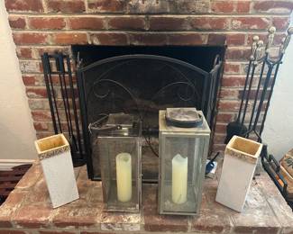 Fireplace tool sets, folding screen, candle lanterns 20 inches tall vases