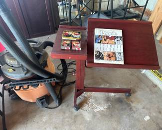 Large Shop Vac works great! Bedside table cart, adjustable top sections