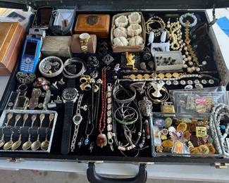 Boxes, bangles, lapel pins, bracelets with matching earrings, phones, watches, buttons, etc.