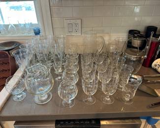 Entire set of etched bamboo, stemmed glassware with two servers and ice bucket best etching on glassware to date
