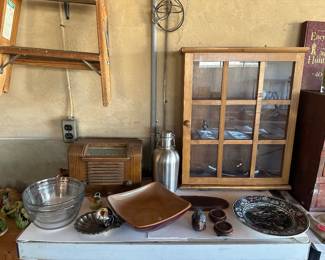 Three shelf glass front wall cabinet, OLD radio needs cord replaced, 