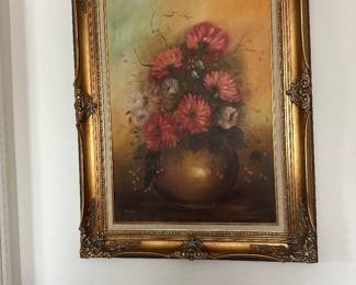 Very large elaborate gold frame measures 33 x 46” contains original oil painting