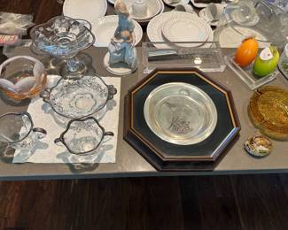 Silver on glass decorative servers, framed Marine Corps plate