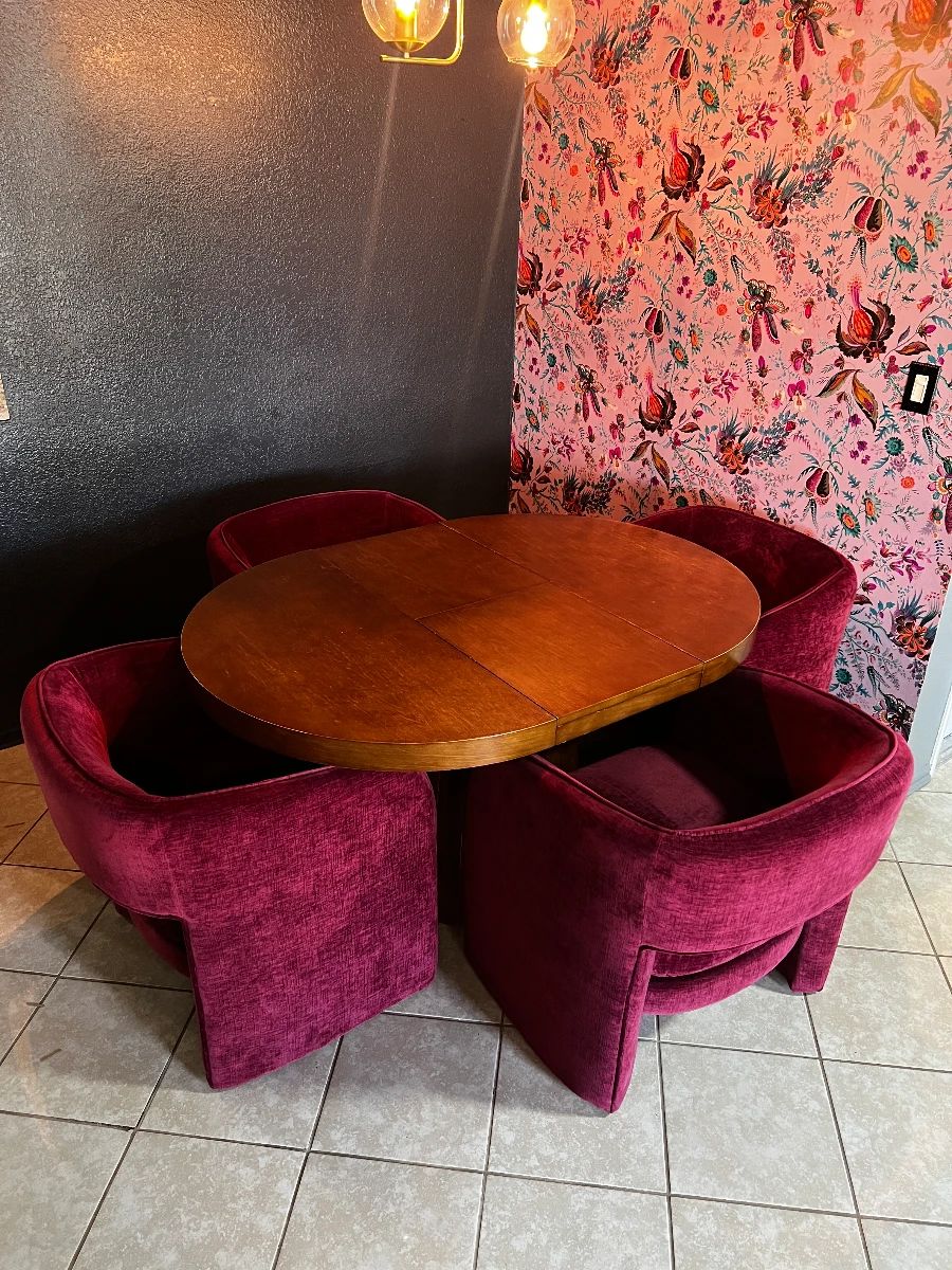 Japandi Extendable Walnut Dining Table + 4 World Market  Burgundy Velvet Chairs