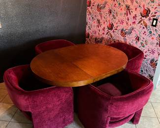 Japandi Extendable Walnut Dining Table + 4 World Market Burgundy Velvet Chairs