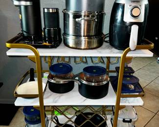 Bar Cart, Latte Iced and Hot Coffee Maker w/ Milk Frother, Assorted Pots and Pans, Glass Food Storage, Air Fryer, Cast Irons Pans, and Much More not pictured