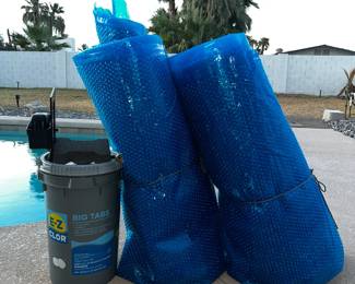 Pool Accessories, Unused Solar Pool Covers, and Brand New Tub of Chlorine Tabs
