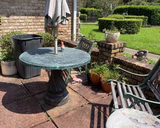 #62 - $150 - Metal and wood dining set - bench, 2 arm chairs, table with umbrella
