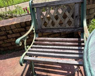 #62 - $150 - Metal and wood dining set - bench, 2 arm chairs, table with umbrella