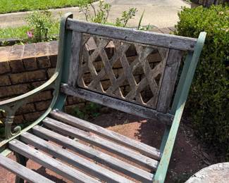 #62 - $150 - Metal and wood dining set - bench, 2 arm chairs, table with umbrella