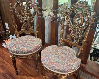 #12 - $160 - Pair of French style Lyre back gilded chairs 17Lx38T to the back