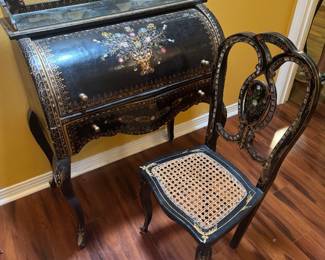 #1 - $475 - Black lacquer Chinoiserie secretary 33x18Wx38Twith incrusted Mother of Pearls & chair
