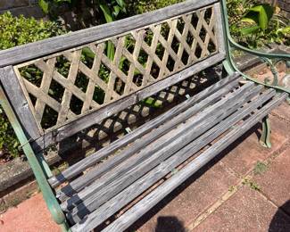 #62 - $150 - Metal and wood dining set - bench, 2 arm chairs, table with umbrella