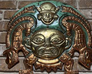#63 - $200 - Aztec/Mayan mask handcrafed copper & brass 20x20 approx